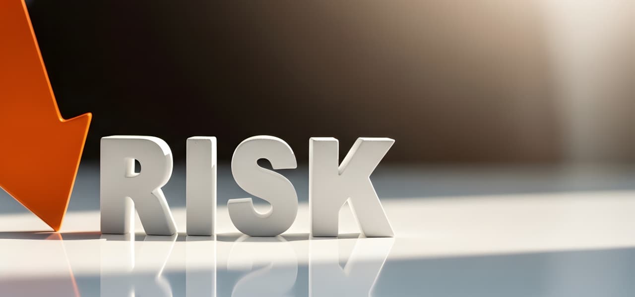 Eine Hand hält einen orangefarbenen Pfeil, der auf einem weißen Schreibtisch nach unten auf einen Textblock zum Thema „Risiko“ zeigt. | Motiv ©Rezmin-stock.adobe.com | © stock.adobe.com, Juni 2026