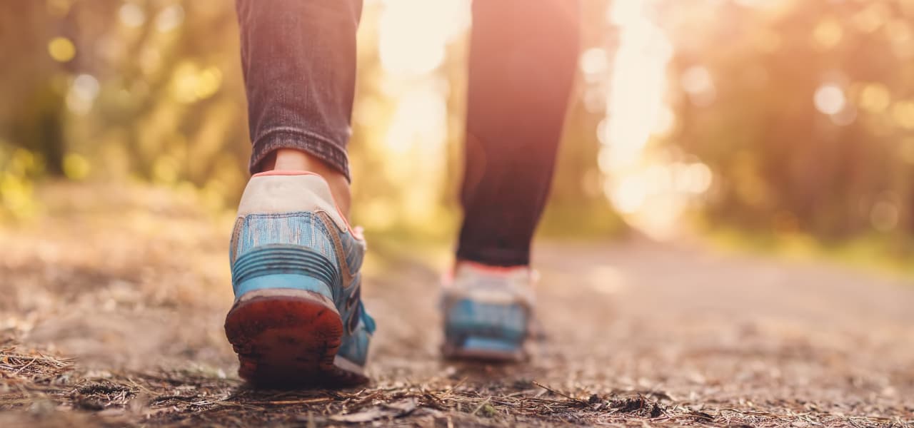 Person mit blauen Sneaker geht auf Waldweg bei Sonnenschein spazieren | Motiv ©candy1812 - stock.adobe.com | © stock.adobe.com, März 2023