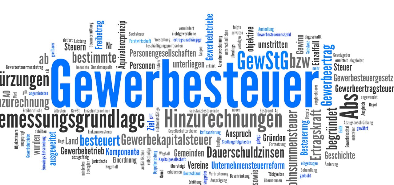 A Gewerbesteuer 1 Header (jpg) | Motiv ©andyller - stock.adobe.com | © stock.adobe.com, Oktober 2021 Schaubild zum Thema Gewerbesteuer mit vielen Schlagworten dazu | Motiv ©andyller - stock.adobe.com | © stock.adobe.com, Oktober 2021