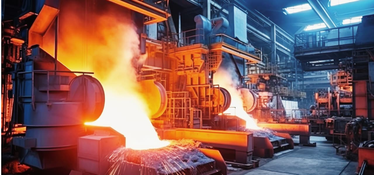 Stahl 1 A Header (jpg) | Motiv ©Anoo-stock.adobe.com | © stock.adobe.com, Oktober 2024 Zwei Metallschmelzöfen mit flüssigem Stahl in einem Stahlwerk | Motiv ©Anoo-stock.adobe.com | © stock.adobe.com, Oktober 2024